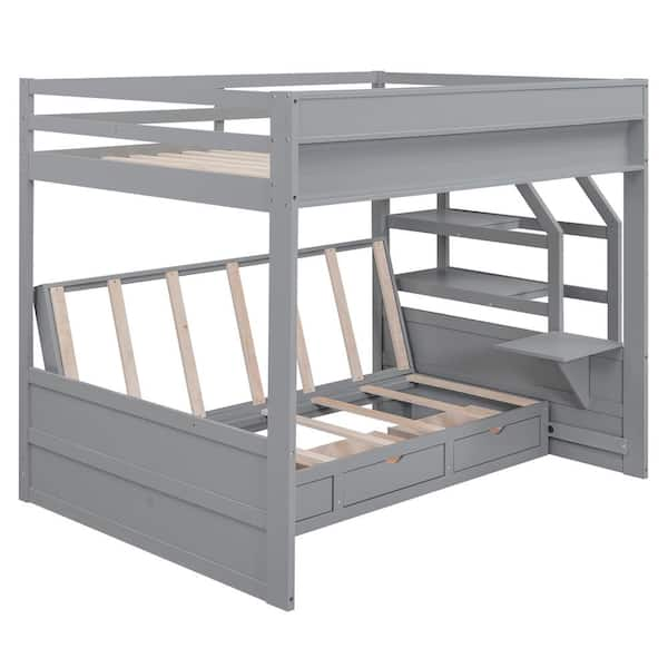 Harper & Bright Designs Gray Full Size Convertible Wood Bunk Bed 