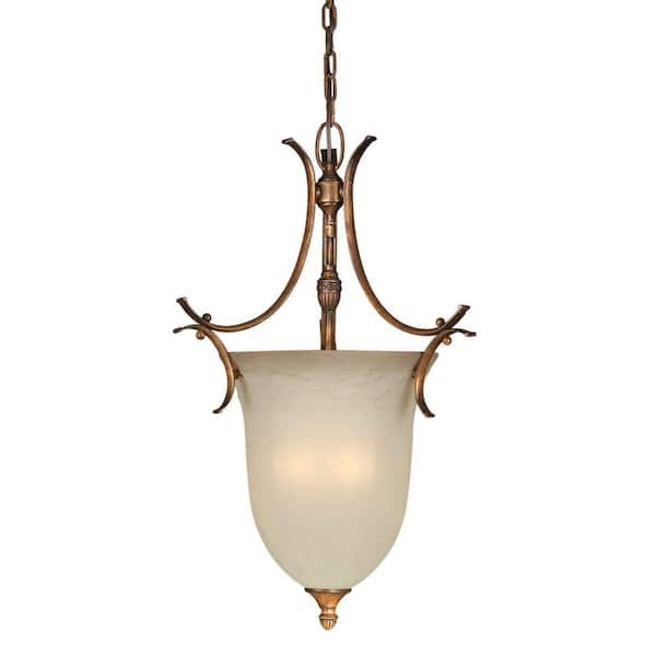 Forte Lighting 3-Light Rustic Sienna Bowl Pendant with Patterned Umber Glass