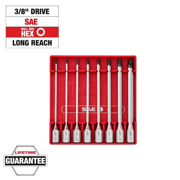 8pc 3/8" Drive Long Ball End Hex Bit Socket Set-SAE