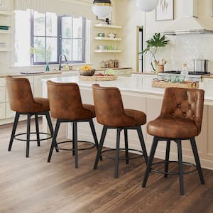 Rowland 26.5 in Seat Height Brown Faux Leather Counter Height Solid Wood Leg Swivel Bar stool（Set of 4）