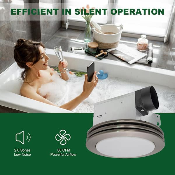 Akicon - Bathroom Exhaust Fan Light, 80 CFM 2-Sones, 15-Watt Dimmable 3000K/4000K/5500K 3CCT LED Light (Brushed Nickel)