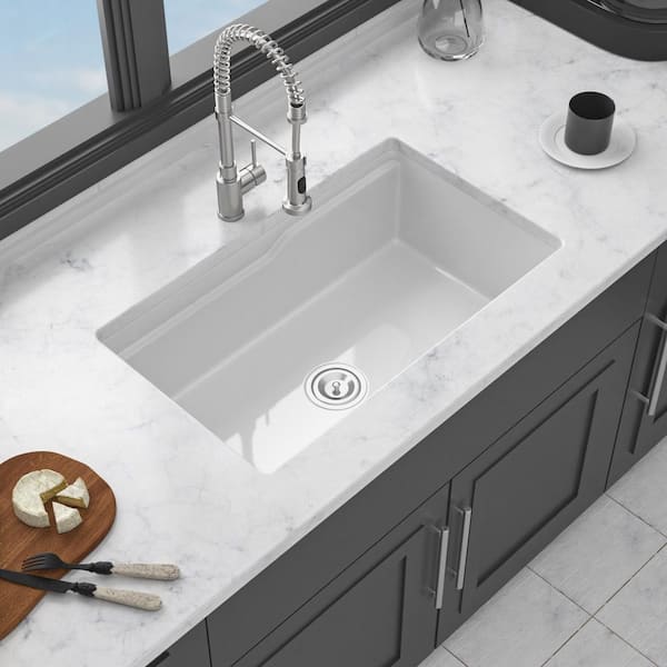 LOMC 32 in. L x 19 in. W Undermount Single Bowl Ceramic Kitchen Sink in White with Steel Dish Grid and Strainer
