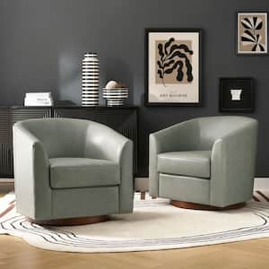 Teeny Sage Modern Geniun Leather Swivel Barrel Chair with Solid Wood Base Set of 2