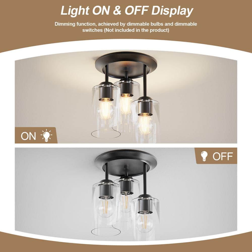 Black Metal 3-Light Round Semi-Flush Mount with Clear Glass Shades