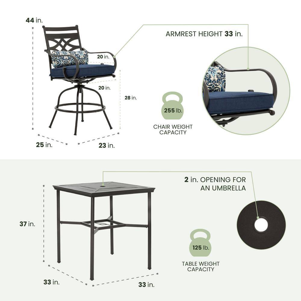 Elegant Navy Blue 3-Piece High-Dining Patio Set with Swivel Chairs