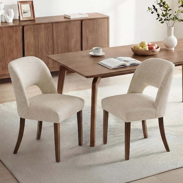 Madeline Sand Walnut Fabric Upholstered Modern Dining Chair with Solid Rubber Wood Legs, Set of 2