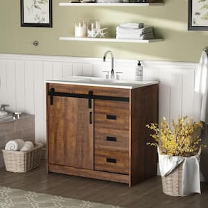 34.7 in. W x 18.5 in. D Bath Vanity Bath Cabinet with Sink, Marble Vanity Top, Sliding Barn Door and 3 Drawers