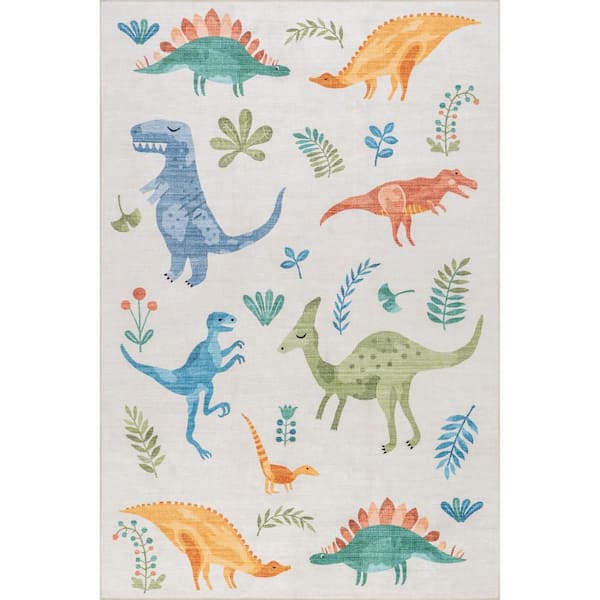 Kayleigh Kids Spill Proof Washable Dinosaur White Multicolor 4 ft. x 6 ft. Indoor Area Rug