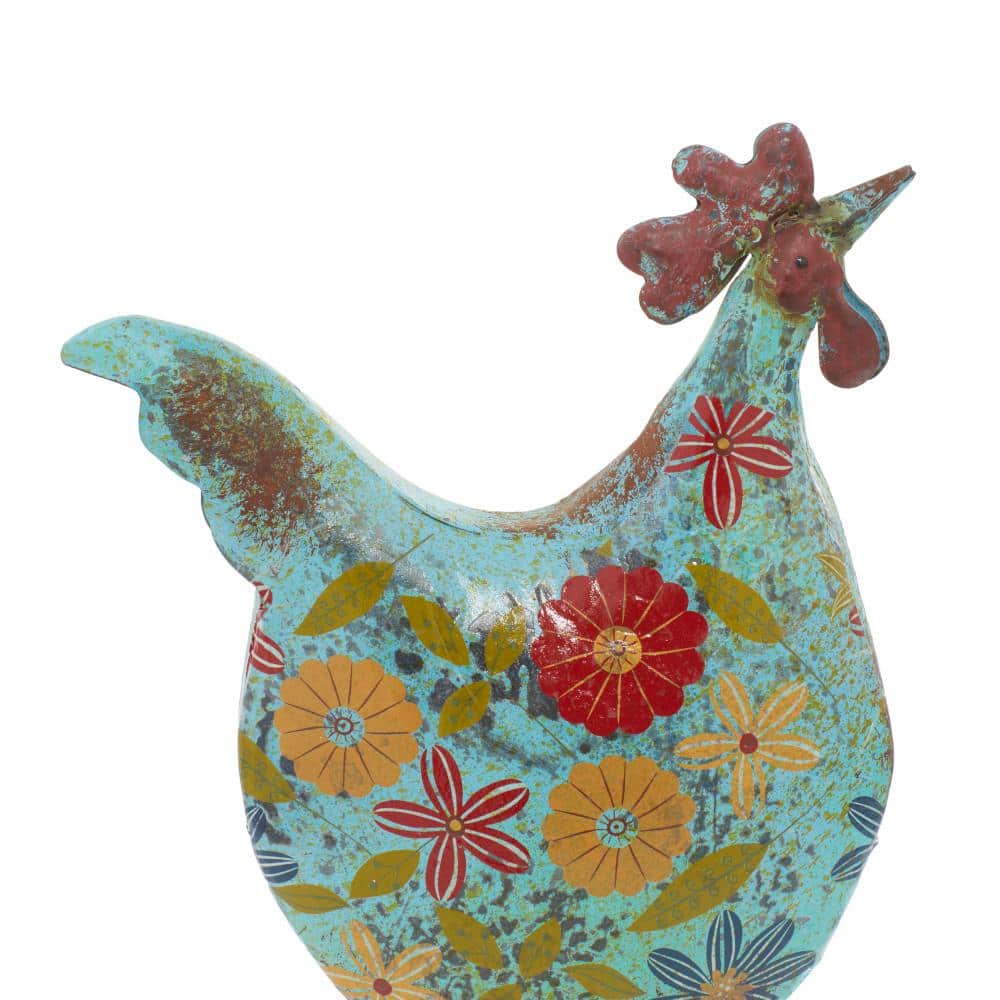 17" Green Floral Metal Rooster Garden Sculpture