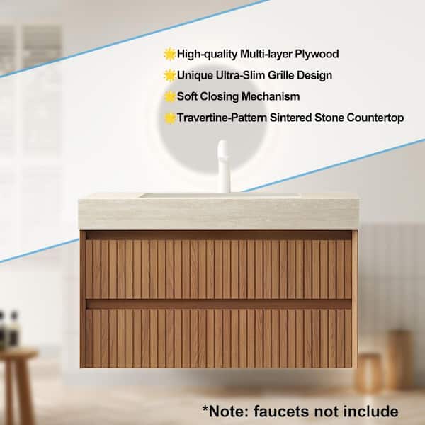 Yingze 36 in. Wall-Mounted Single Sink Brown Oak Bath Vanity with