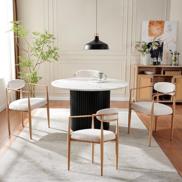 Luxury 5-Piece Faux Marble Round Dining Table with White Boucle Chairs Wood Grain Legs Dining Room Set for Kitchen