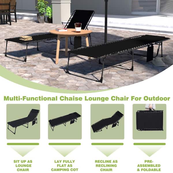 Metal Outdoor Folding Chaise Lounge Chair with Pillow and Pocket in Black