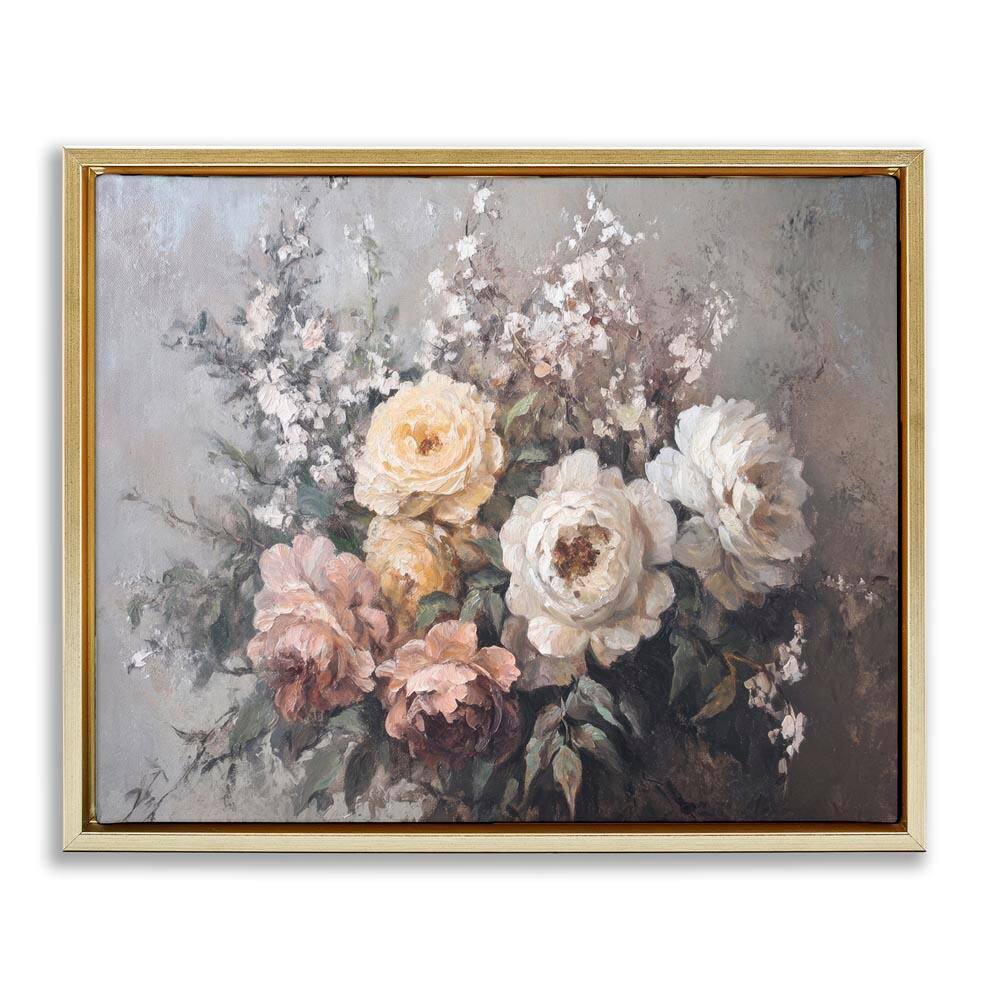 Roses and Peonies on Gray by Petal Prints Design Gold Floater Frame Nature Graphic Art Print 17 in. x 21 in. price history on PriceWatchPro