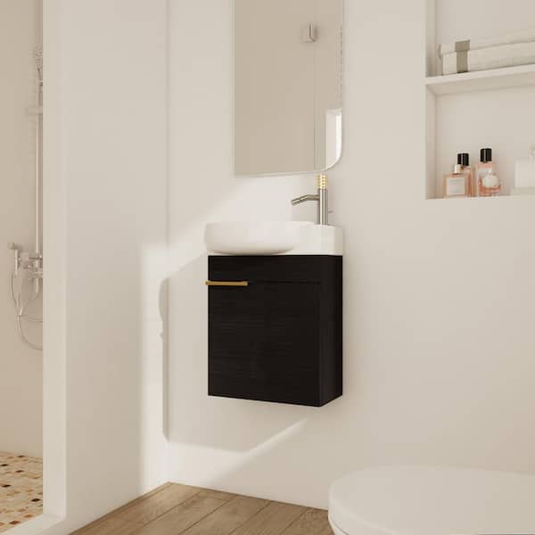 Unbranded 17 in. W Wall Mounted Bath Vanity in Black Chestnut with White Ceramic Top