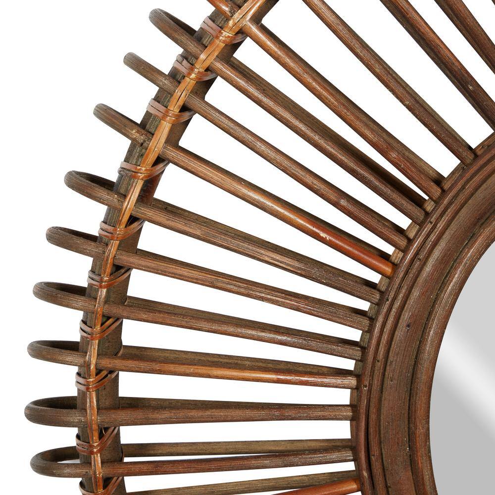 Sunburst Boho Chic Round Wall Mirror in Warm Brown Wood