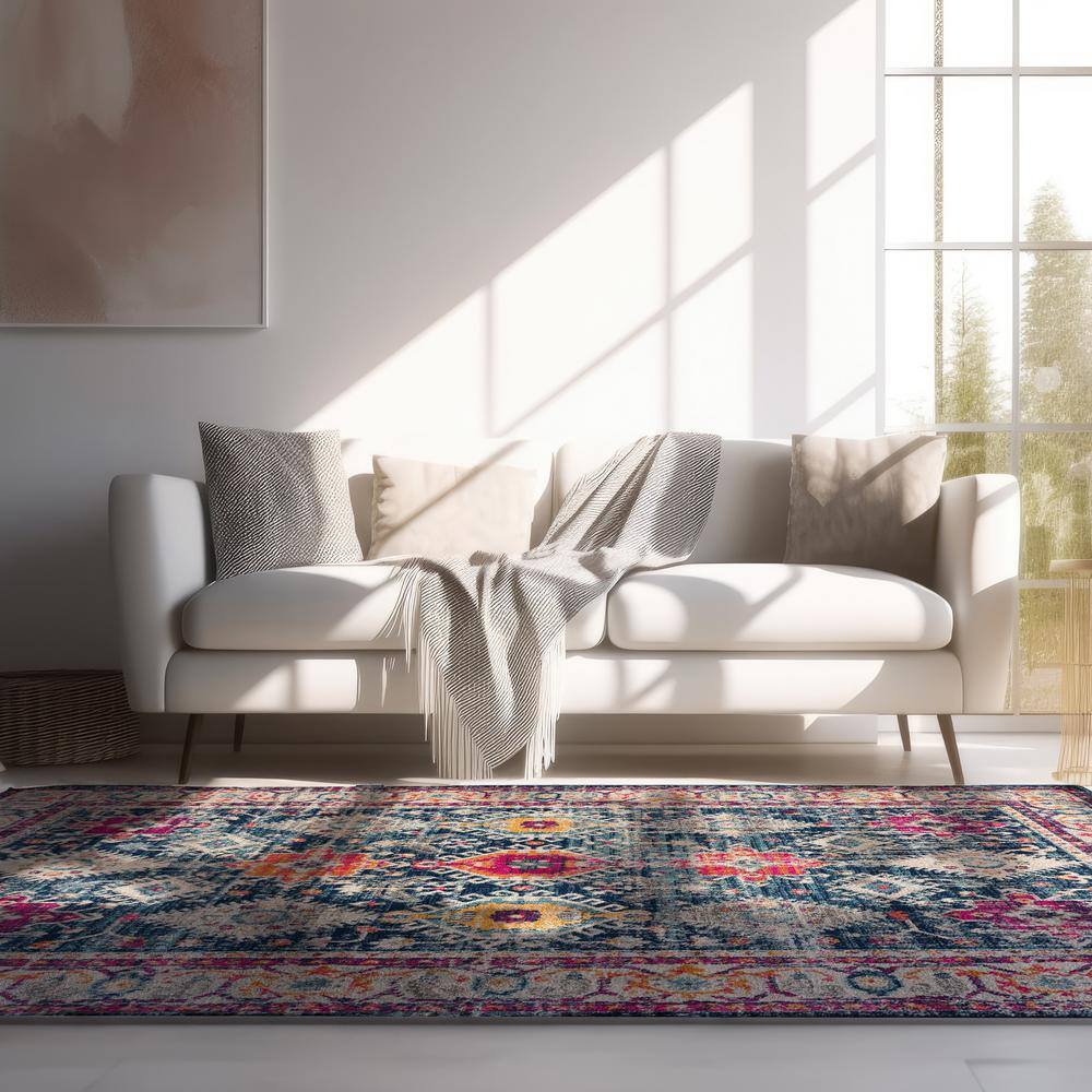 Navy and Multicolor Abstract Synthetic 5' x 7' Area Rug