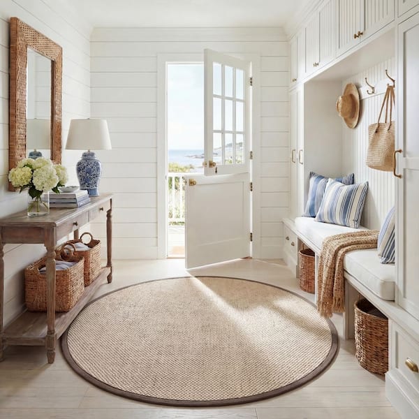 Natural Fiber 9 ft. x 9 ft. Round Marble/Khaki Woven Border Area Rug