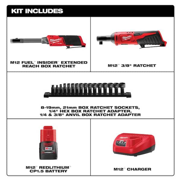 M12 FUEL INSIDER 12V Lithium-Ion Brushless 1/4-3/8 in. Extended Reach Box Cordless Ratchet Kit w/ Battery & 3/8 Ratchet