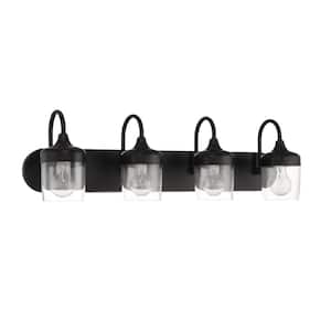 Wrenn 30 in. 4-Light Flat Black Finish Vanity Light with Clear Glass Shade