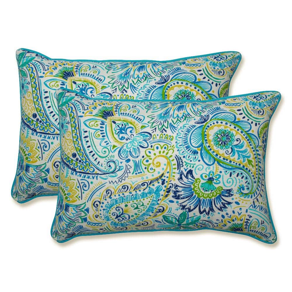 Gilford Paisley Blue and Green Rectangular Outdoor Throw Pillows - Set of 2