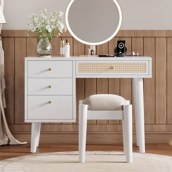 White 39 in. W Makeup Vanity with 3 Storage Drawers and 1 Rectangular Rattan Drawer, Dresser with Stool(Without Mirror)