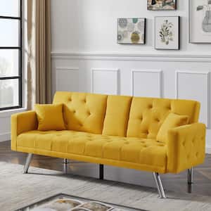 Modern 75.59 in. W Square Arms Linen Convertible Futon Straight Sofa and Daybed Tufted Back for 3-Seaters in Yellow
