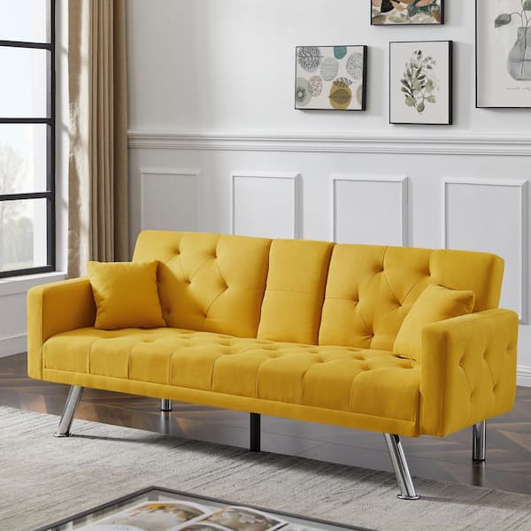 Westsky Modern 75.59 in. W Square Arms Linen Convertible Futon Straight Sofa and Daybed Tufted Back for 3-Seaters in Yellow