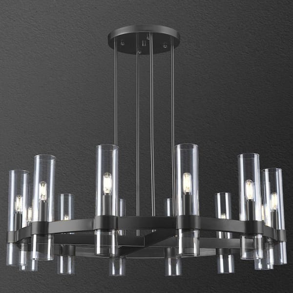 36 in. 12-Light Black Wagon Wheel Chandelier with Glass Tube, Round Industrial Kitchen Island Chandelier, for Foyer