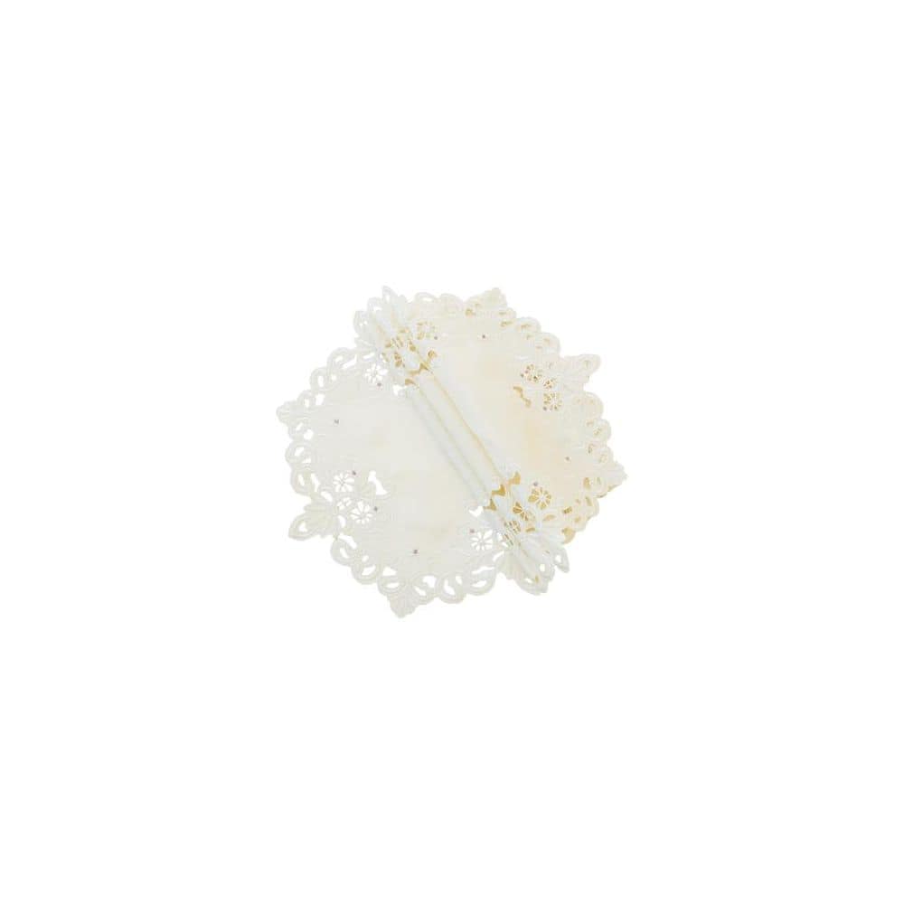 Ivory Polyester Floral Embroidered Round Doily Set