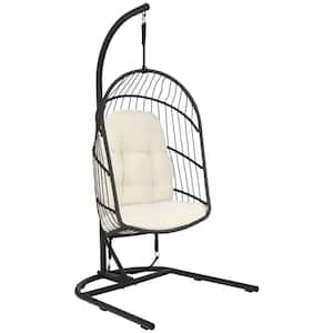 Hanging Hammock Egg Chair Patio Rattan Swing Chair with Stand and Beige Cushions