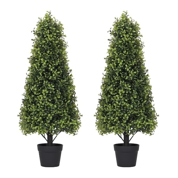 poetree 3 ft. Artificial Topiary Boxwood Tree Faux Shrub in Black Plastic Pot 2-Pack