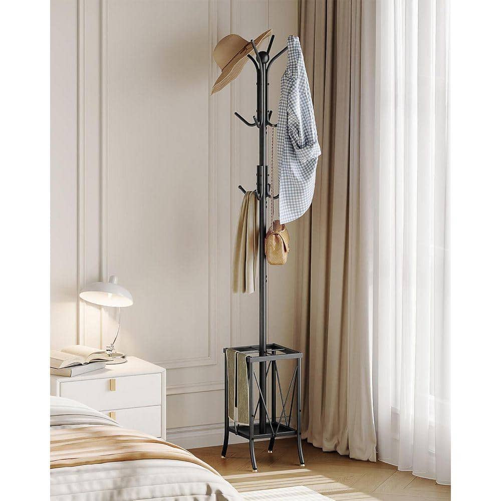 Freestanding Black Metal Umbrella Stand with 12-Hooks Entryway