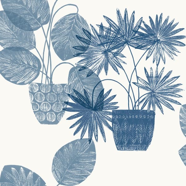 A-Street Prints Aida Blue Potted Plant Fabric Non-Pasted Matte Wallpaper