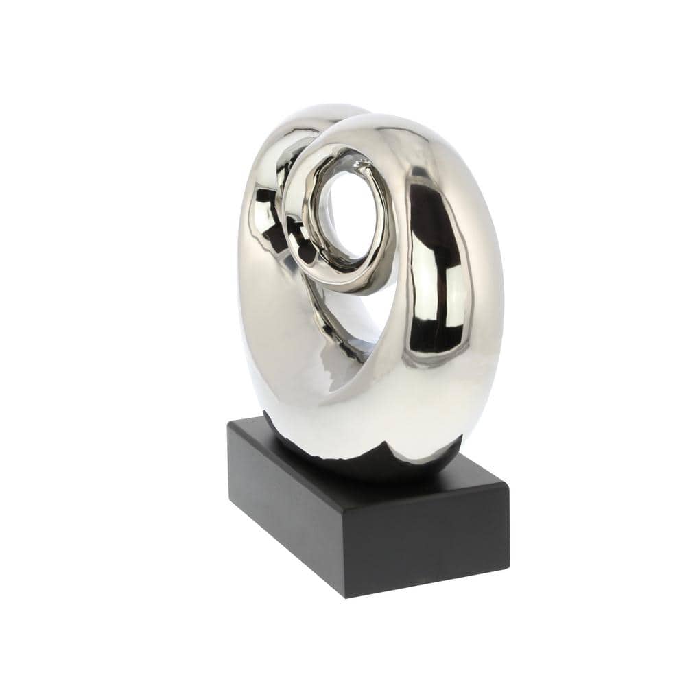 Elegant Silver Swirl 13" Ceramic Abstract Statue with Black Base