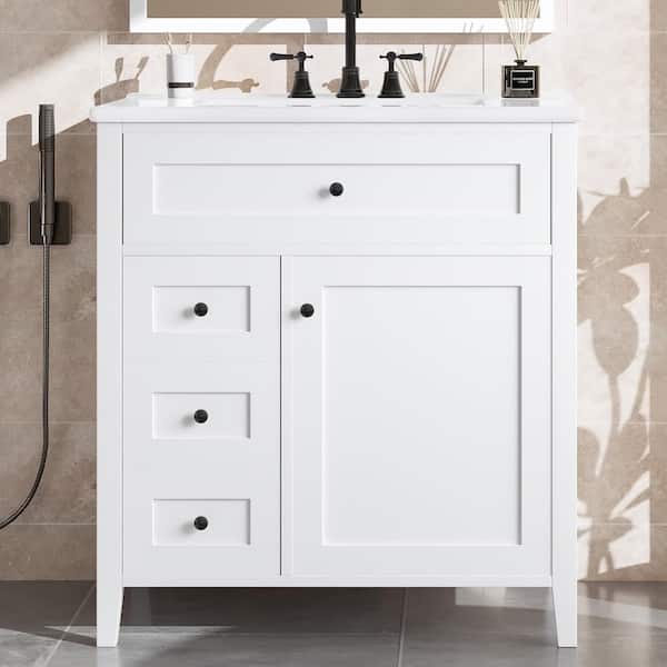 30 in. Freestanding White Bath Vanity with White Ceramic Top 3 Drawers and Adjustable Shelf
