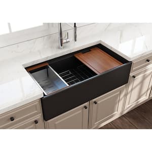 Step-Rim Matte Black Fireclay 36 in. Single Bowl Farmhouse Apron Front Workstation Kitchen Sink with Accessories