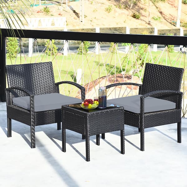 Costway 3-Piece Wicker Patio Conversation Set with Gray Cushions