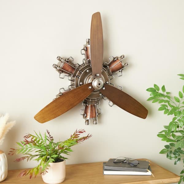 Litton Lane Metal Brown Airplane Propeller Wall Decor with Silver Metal Accents