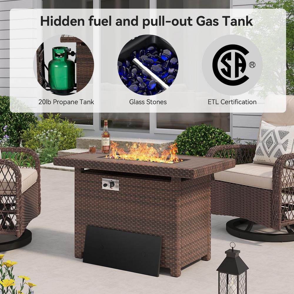 44'' Dark Brown Wicker Propane Fire Pit Table with Lid