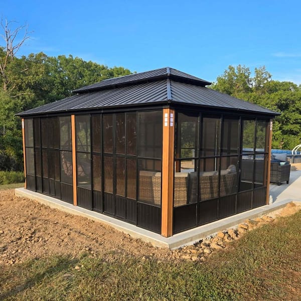 Hardtop Gazebo 12 ft. x 20 ft. Brown Aluminum Sunroom Gazebo with Double Top, Mesh Screens & 24 Lights
