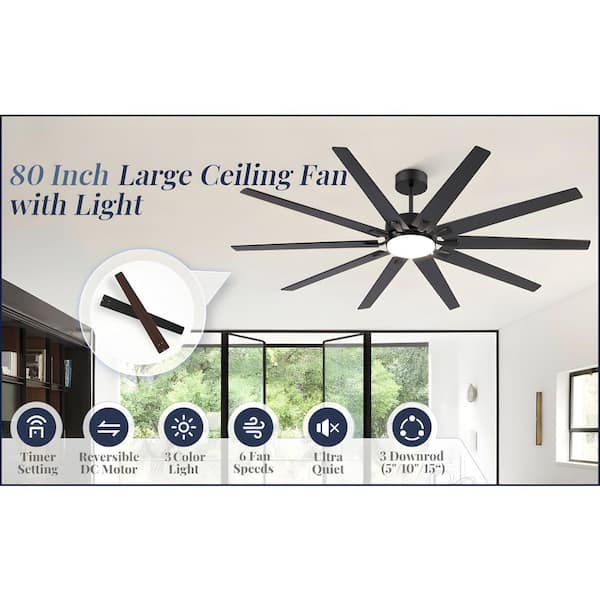 80 in. Indoor Black 3-Colors LED 6-Speed Industrial Ceiling Fan with Dual-Color Blades and Light Kit and Remote Control