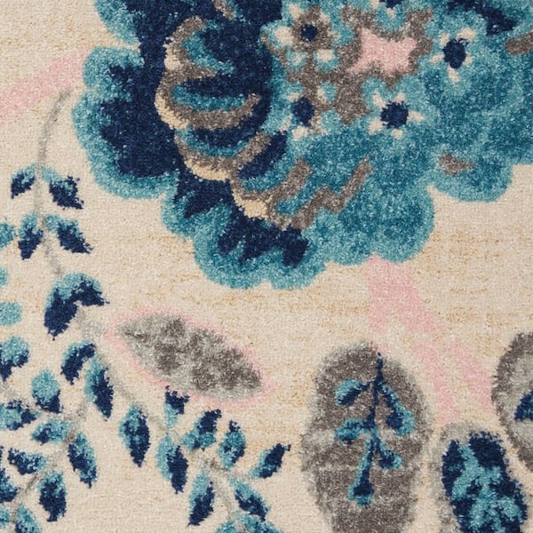 5' X 7' Ivory Navy Blue And Light Blue Floral Area Rug