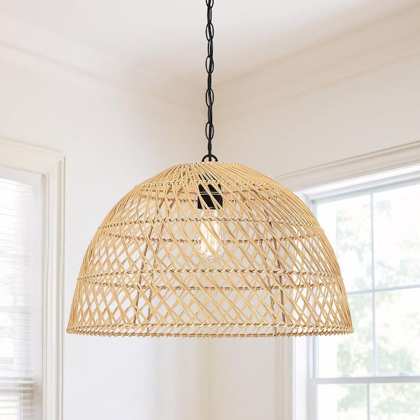 TRUE FINE Summerdale 22 in. 1-Light Natural Rattan Pendant Light with Black Canopy