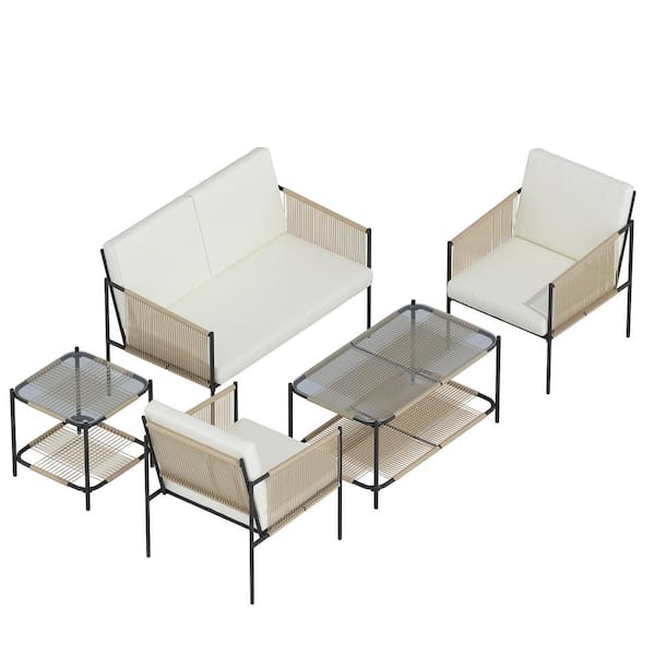 FUFU&GAGA 5-Piece Rattan Living Room Set, Table Chair Set with 3 Chairs in Beige Cotton Cushion, Glass Dining Table, Side Table