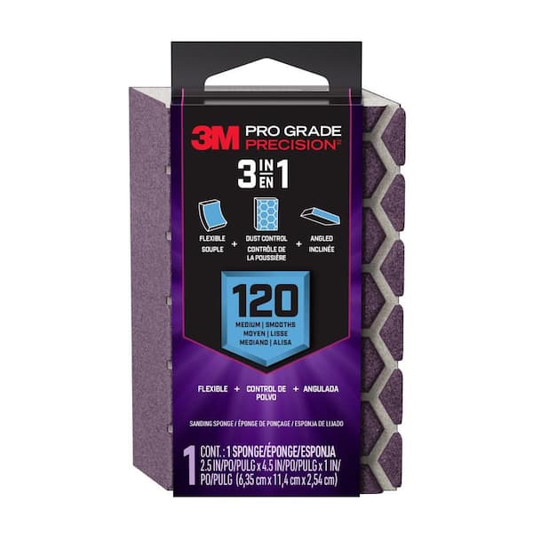 3M Pro Grade Precision 2.5 in x 4.5 in. x 1 in. Medium 120 Grit 3-in-1 Sanding Sponge (1-Pack)