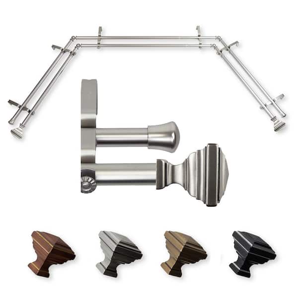 EMOH Saymna 20-36 in. sides, 38-72 in. center Adjustable Bay Window Double Curtain Rod 13/16 in. in Satin Nickel with Finial