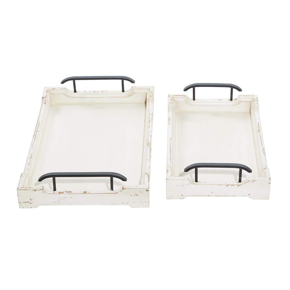 White Distressed Pine Wood Decorative Trays with Metal Handles, Set of 2