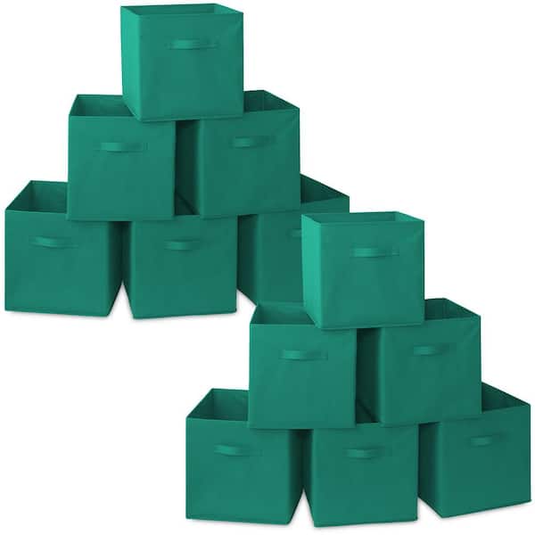 Teal Green 13 in. x 13 in. Fabric Collapsible Cubes Decorative Basket Storage Bins-Set of 12