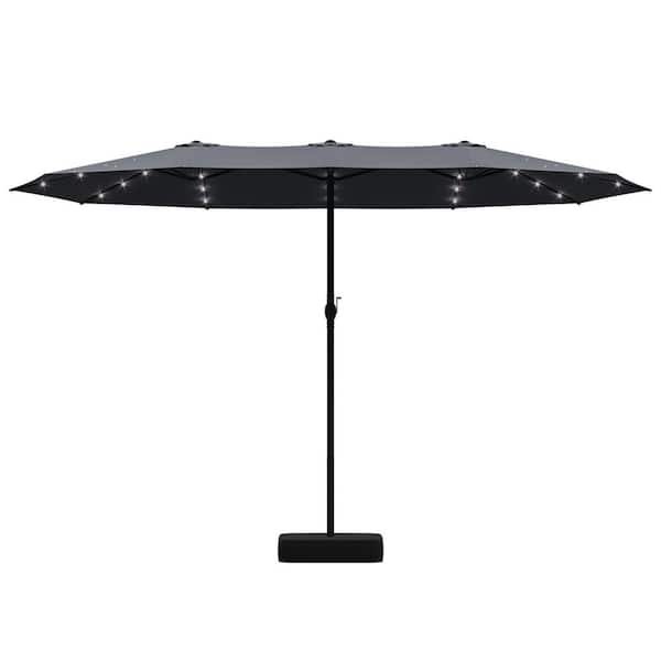 15 ft. Large Market Patio Umbrella with 36 Solar Lights Double-Sided Outdoor Umbrella with Base and Sandbag in Navy Blue