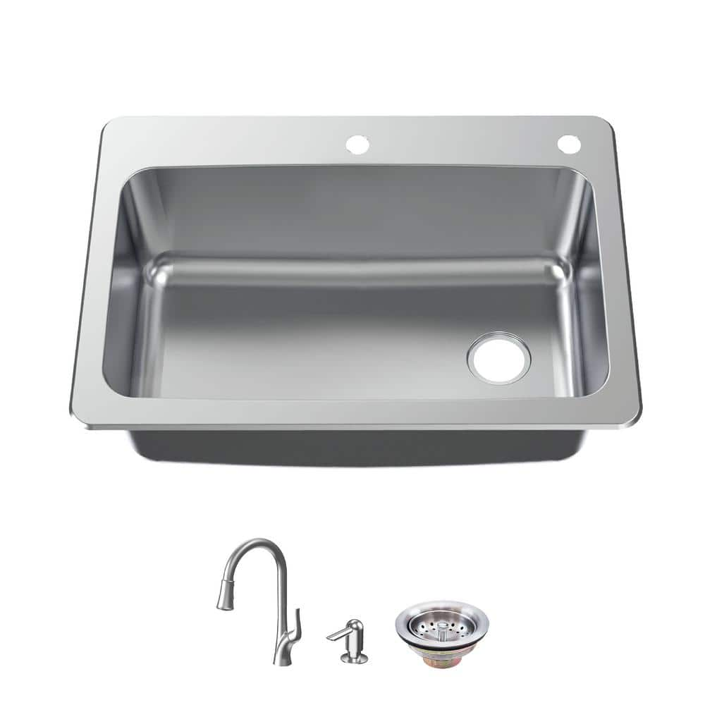 Glacier Bay All-in-One Drop-In/Undermount 18G Stainless Steel 33 in. Single Bowl Kitchen Sink with Right Drain with Pull-Down Faucet, Silver